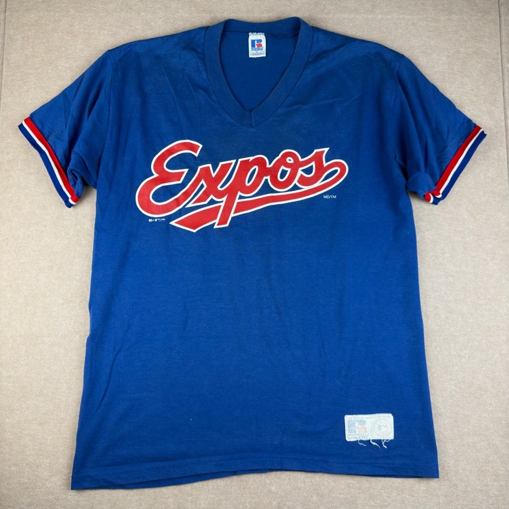 Vintage 1996 Montreal Expos V Neck T Shirt Adult L Blue MLB Sports Tee USA Made